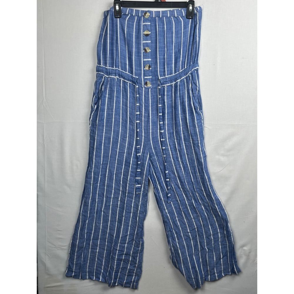 Blue Island Strapless Jumpsuit Womens M Striped Wide Leg Button Front Blue White